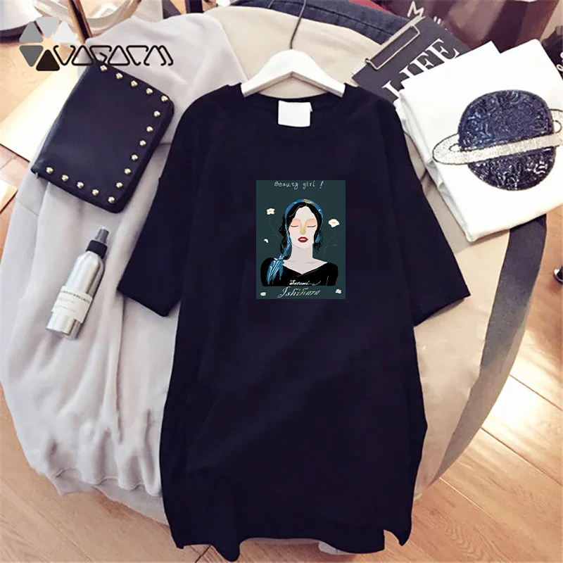 

2020 Women Dress Plus Size Art Girls Print Vintage Tshirt Dresses Party Club Summer Short Sleeved Simple Black White Vestidos
