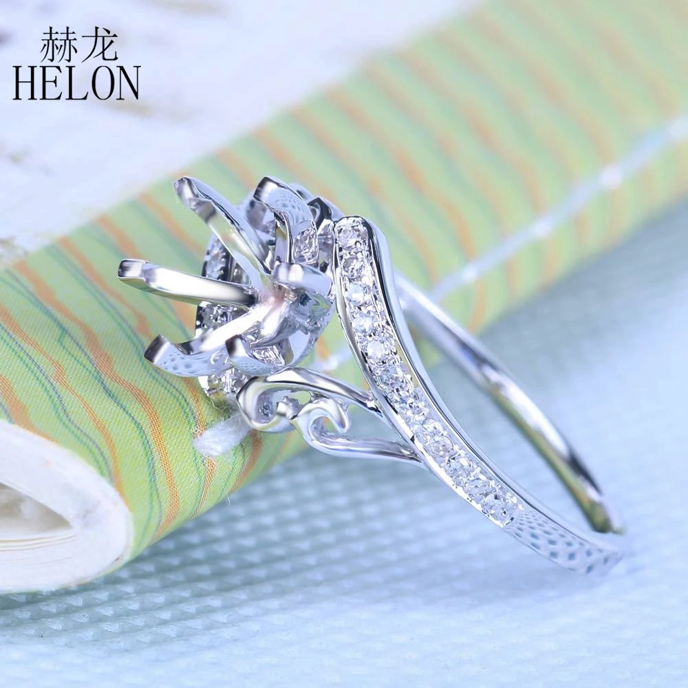 

HELON 6mm Round Solid 14k White Gold Pave Natural Diamonds Semi Mount Vintage & Antique Engagement Ring Women Fine Jewelry Gift
