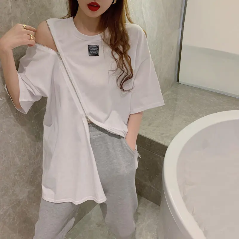 

Mid length t-shirt female 2021 new loose port style zipper split off shoulder short sleeve top