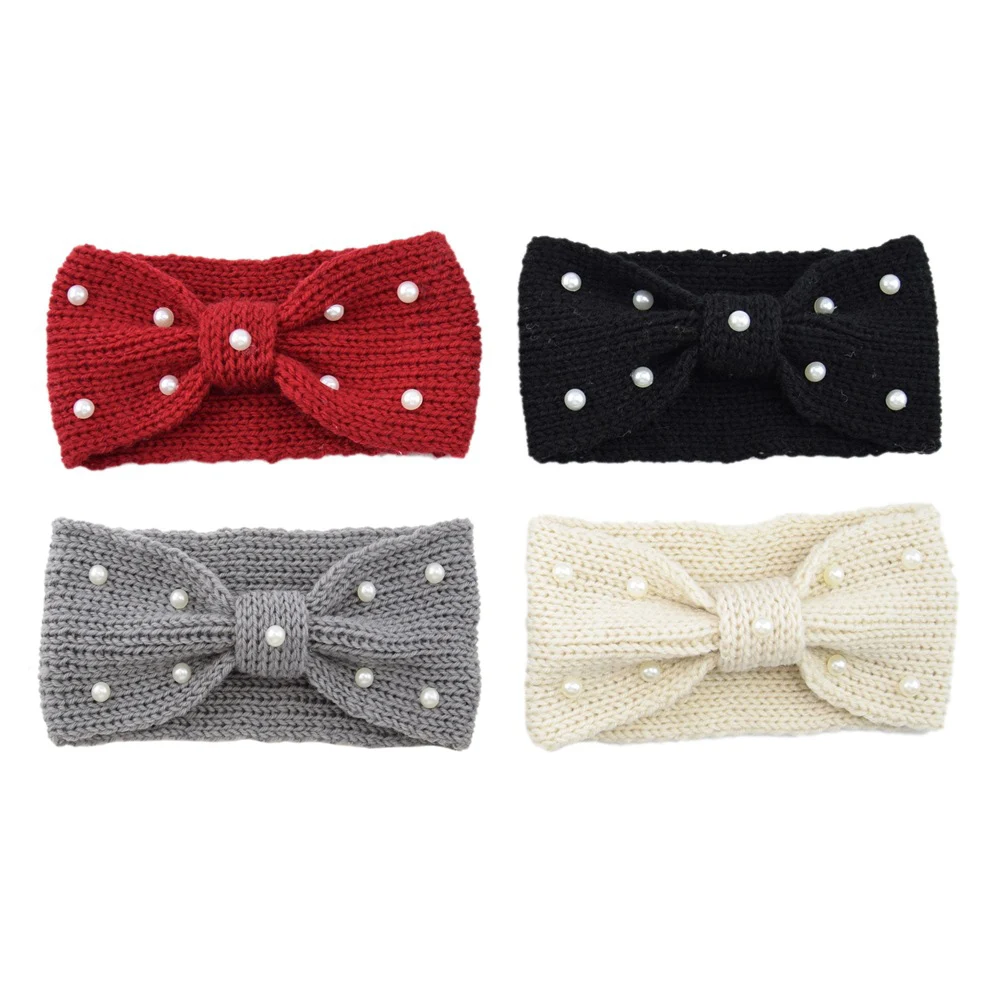 Зимняя теплая вязаная повязка на голову с ушками тюрбан Женский вязаный бант