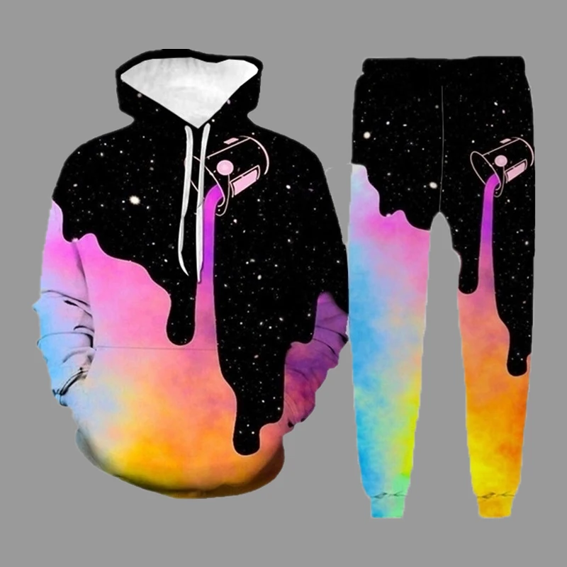Autumn Clothes Sweatshirt Suit Milk Cup Starry Sky Print Long Sleeve   Hoodie Men's Sets Outdoor Trend Sports Male Outfit 4XL