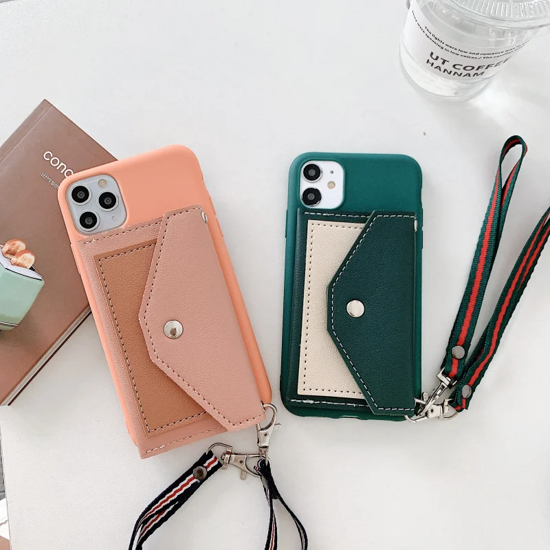 Чехол кошелек с длинной цепочкой для iphone 6 7 8 plus XS XR MAX 11 Pro однотонный чехол задняя