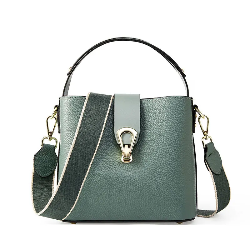 

Women New Bucket Handbags Soft Genuine Leather Ladies Lock Open Tote Hand Shoulder Bags Small Cheap Crossbody Sac