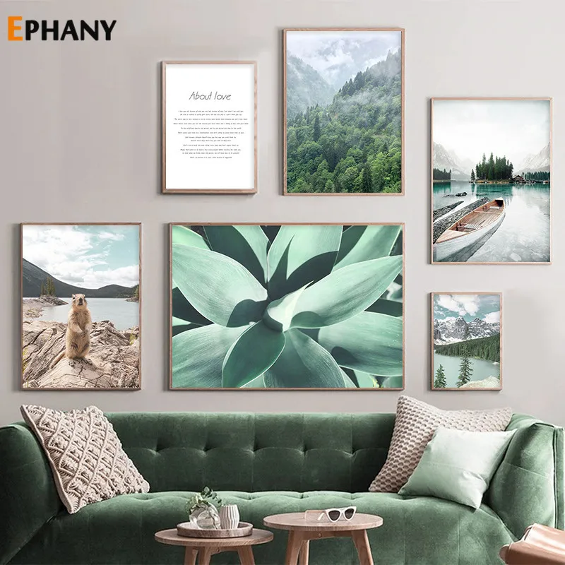 Северный горный лес природа пейзаж холст картина лодка озеро зеленый завод Бивер