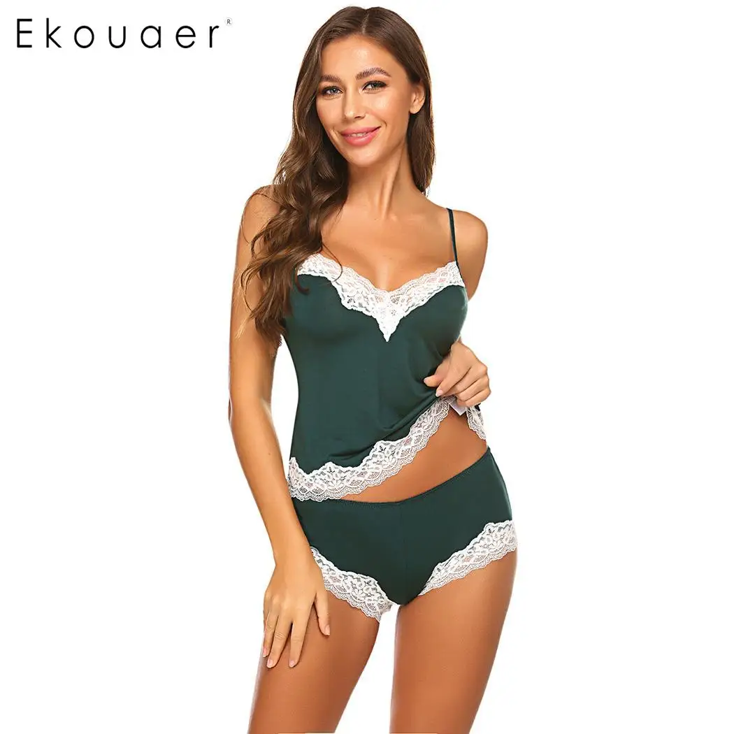 Ekouaer/женский летний пижамный комплект из двух предметов, короткое ночное белье, кружевные лоскутные топы на бретельках, шорты, сексуальное женское белье, Пижамный костюм