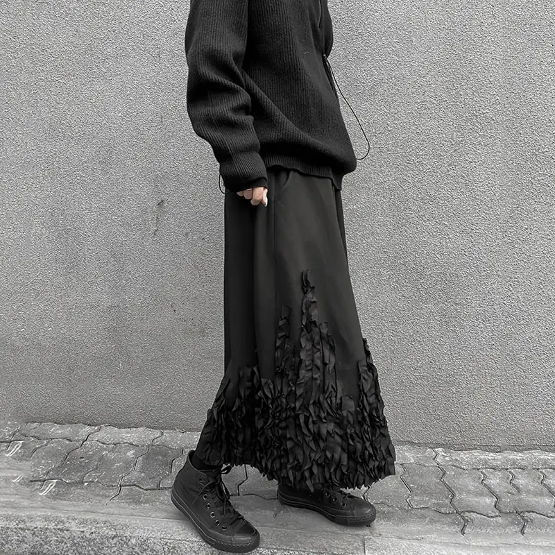 XITAO Patchwork Wrinkles Casual Pants Women Tide Fashion New Style Elastic Empire Waist Match All Wide Leg Loose Black DZL2640