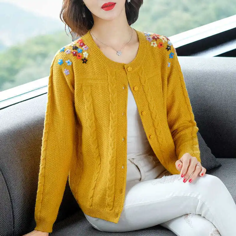 Дамы o-образным вырезом пуговицы в один ряд с резьбой цветочный кардиган вышитые
