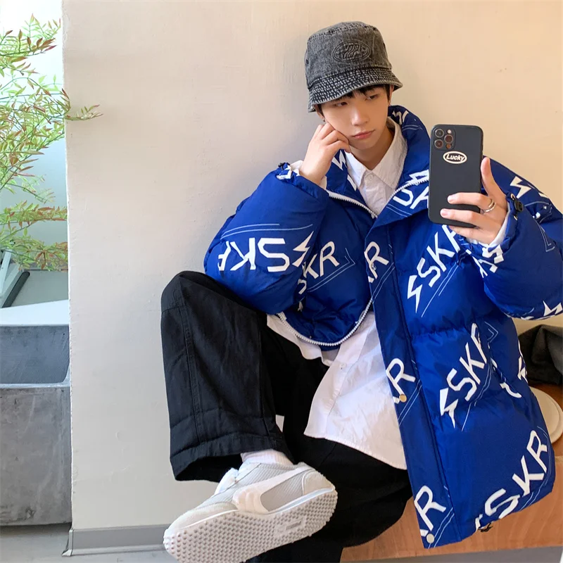 Свободная куртка-пуховик с буквенным принтом для мужчин Зимняя теплая одежда