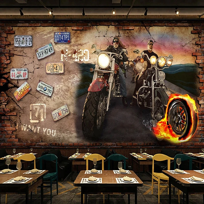 

Custom 3D Wallpaper Retro Motorcycle Nostalgic Brick Wall Background Decorative Wall Murals Restaurant Cafe Background 3D Fresco
