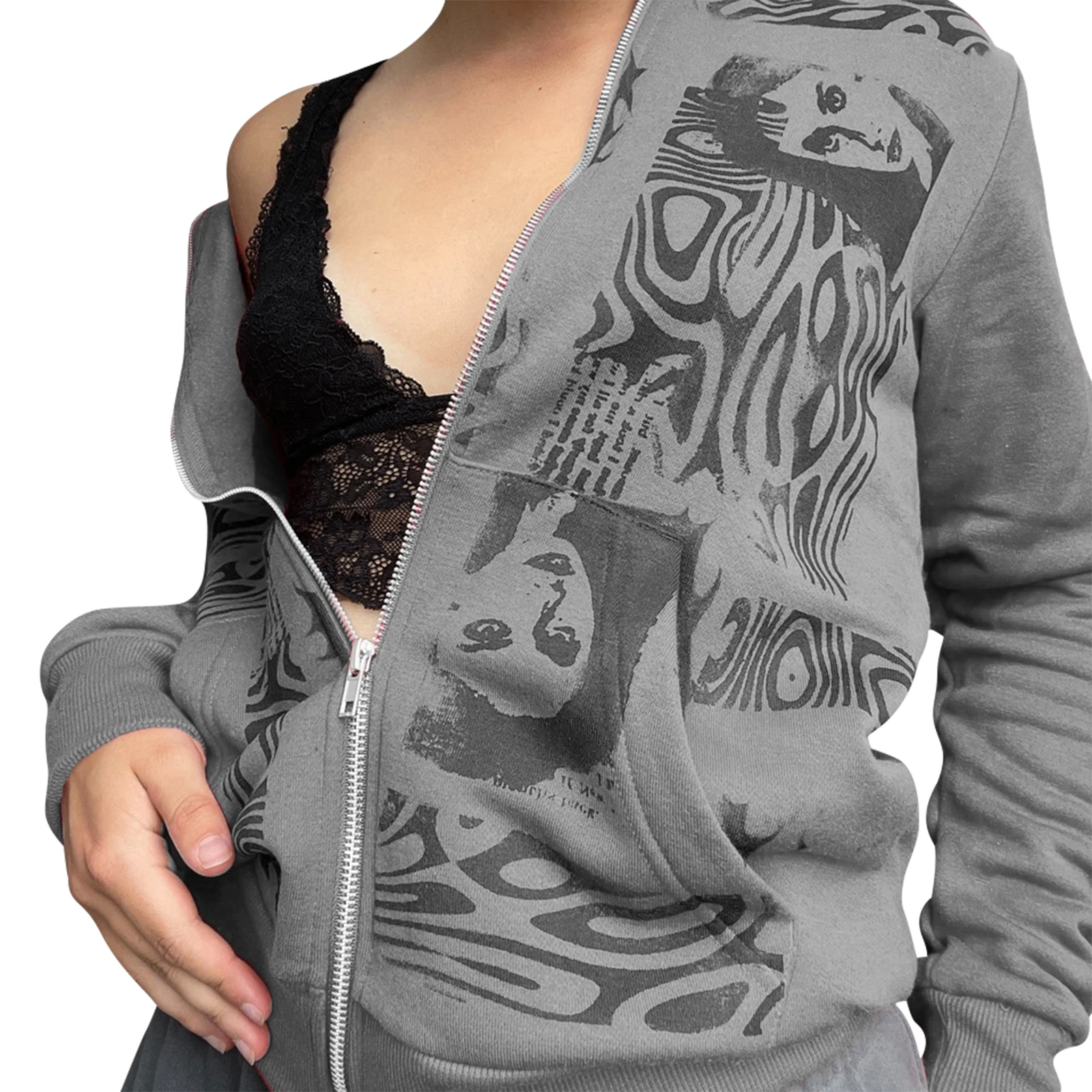 

Женский свитшот на молнии Y2K, толстовка с длинным рукавом, пальто в винтажном стиле Харадзюку, одежда в готическом стиле для улицы на осень и ...