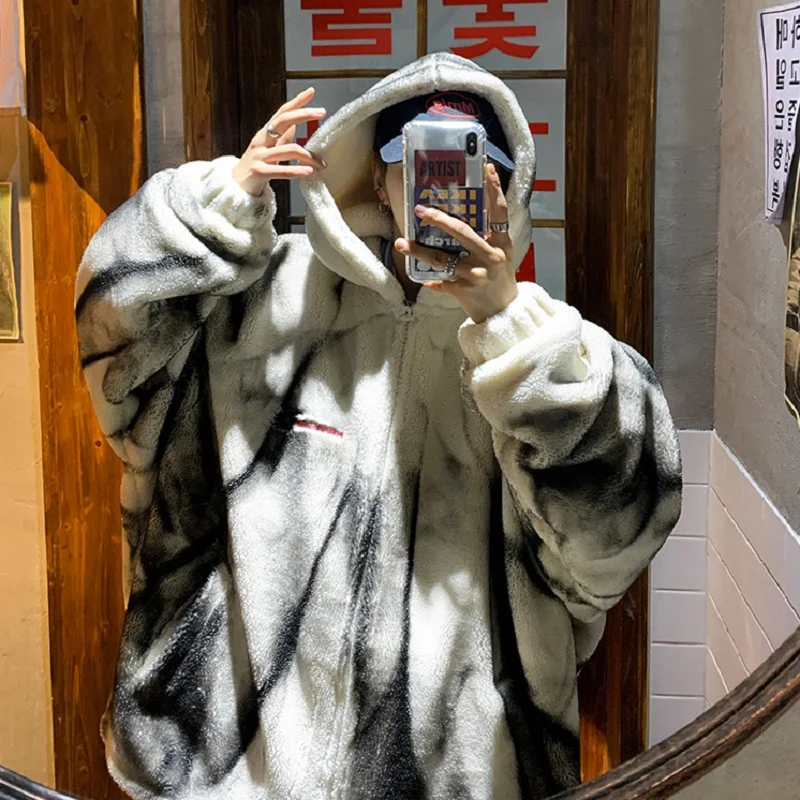 Winter Coat Men's Korean Fashion Loose-fitting Lamb Wool Plus Fleece Hooded Cotton Coat Harajuku Mens Winter Jackets and Coats