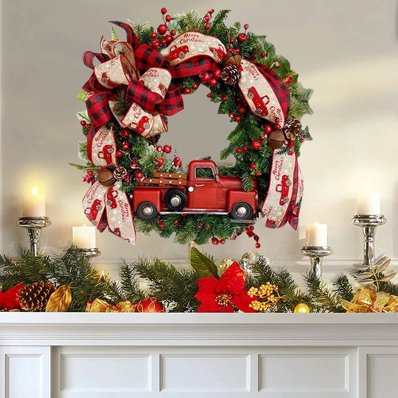 Guirnalda colgante para puerta de Navidad, colgante de pared con lazo de cami&oacute;n, C&iacute;rculo de rat&aacute;n, adorno de decoraci&oacute;n navide&ntilde;a, guirnalda de frutas rojas, decoraci&oacute;n del hogar-0