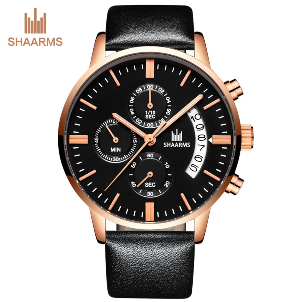Мужские повседневные спортивные часы SHAARMS кварцевые наручные с кожаным ремешком