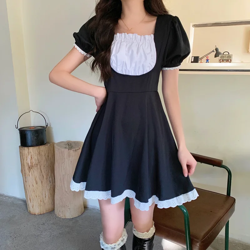 

Oversized Women's Summer Sundress New Fake Two Pieces of Lace Stitching Square Collar Puff Sleeve Black dresses for women 2021