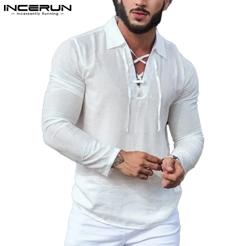

Men Shirt Lapel Long Sleeve Solid Color Lace Up Streetwear Casual Camisa Masculina 2021 Fitness Leisure Cotton Shirts INCERUN
