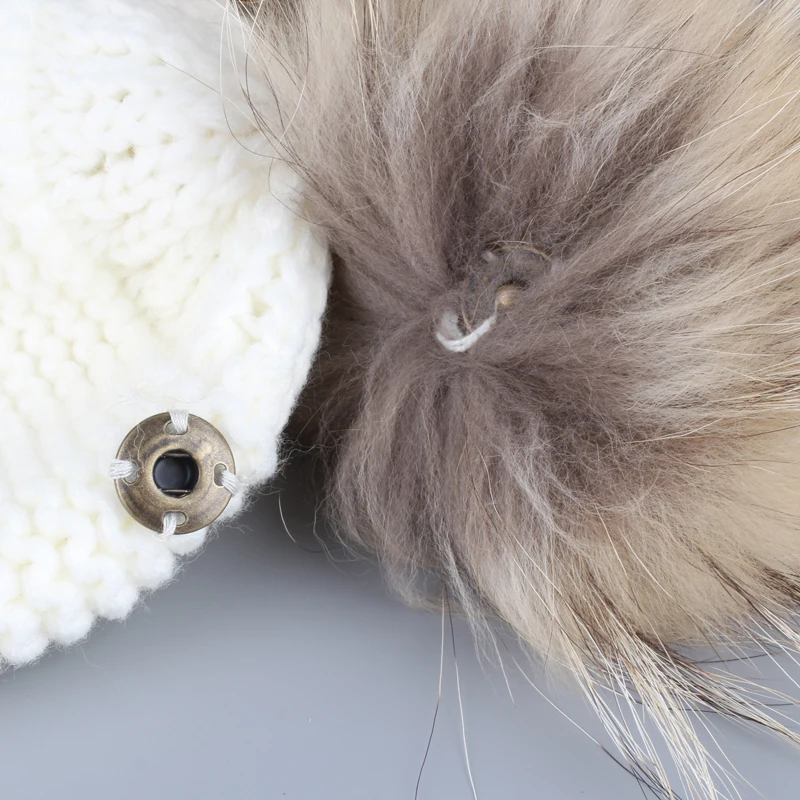 

New Autumn Winter Baby Kids Beanie 15 CM Real Fur Pompom Hat For Children Warm Wool Knitted Earflap Cap