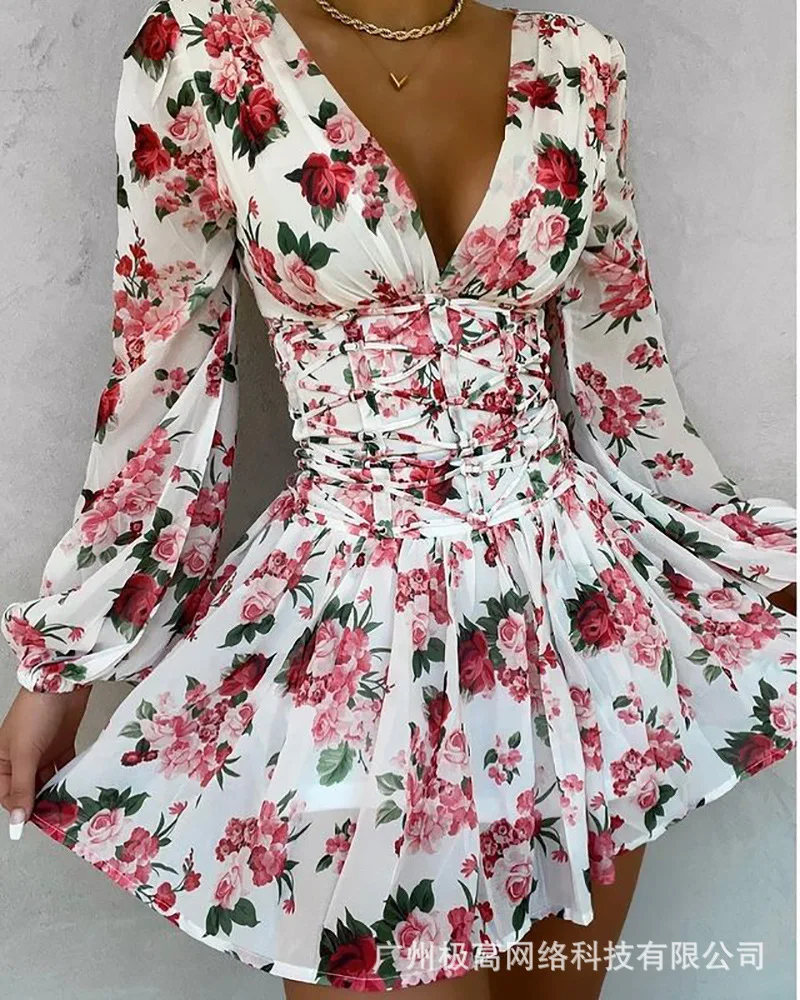 

Women's 2021 New White Floral V-neck Long-sleeved Dress