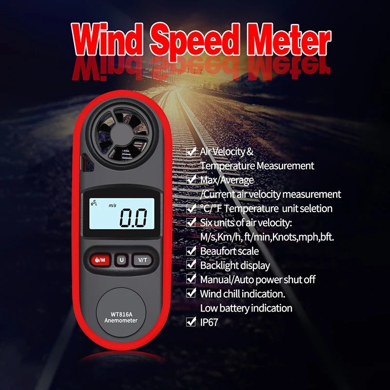 

Anemometer Wind Speed Handheld Digital Wind Speed Meter Portable Anemometer Sensor 0-30M/S Temperature Meter Gauge