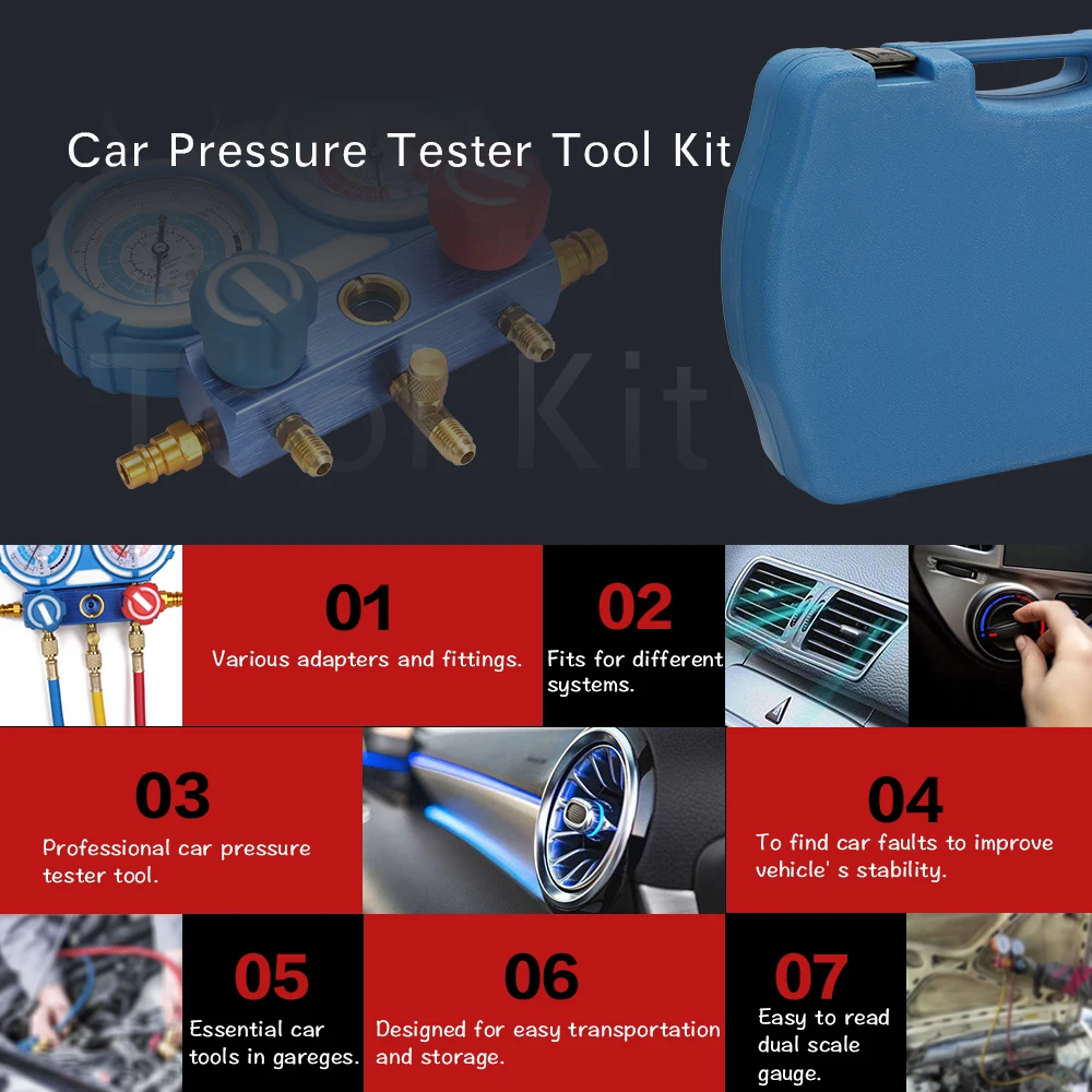 

Car Air Conditioning Refrigerant Freon Double Valve Pressure Gauge with Seal Rings Diagnostic Repairing Tool Kit