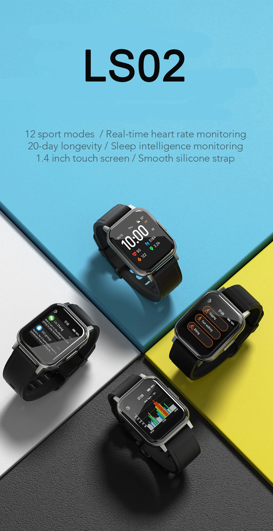 

new LS02version smart watch IP68 waterproof 12 sports mode call reminder pedometer heart rate sleep monitoring smart bracelet
