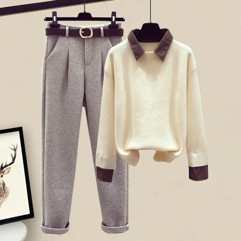 

Women 2021 Autumn Winter New Two Piece Suit Female Pullover Sweater Tops Ladies High Waist Straight Woolen Casual Pants Set Q242