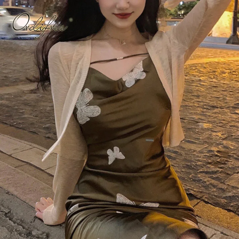 

Женское атласное платье-комбинация Ordifree, винтажное вечернее платье миди с разрезом и принтом бабочки, модель 3XL 4XL на лето, 2022