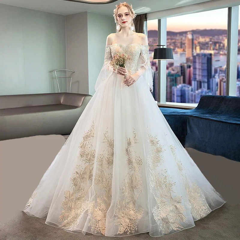 Роскошные кружевные свадебные платья с вышивкой 2021 длинный шлейф 100 см Белый/цвет