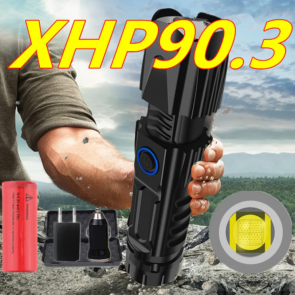 

2021NEW 9000LM XHP90.3 Powerful LED Flashlight USB Rechargeable Lantern Tactical Light Camping Riding Light power by 26650/18650