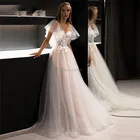 Свадебное платье из фатина с рюшами и рукавами а-силуэта, с V-образным вырезом, кружевной аппликацией, светло-бежевого цвета, 2021