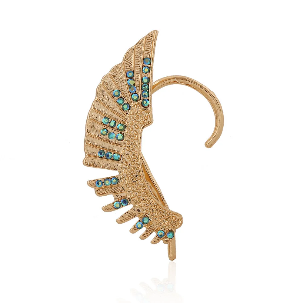 

Vintage Rhinestone Steampunk Mechanical Feather Gold Color Ear Cuff Earrings Fashion Clip On Earrings For Women Kolczyki 1pcs