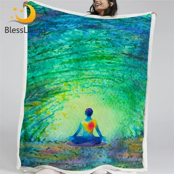 BlessLiving Chakra Plush Blanket Zen Theme Bedding Lotus Yoga Pose Fluffy Blanket Watercolor Bedspreads Green Cobertor Dropship 1