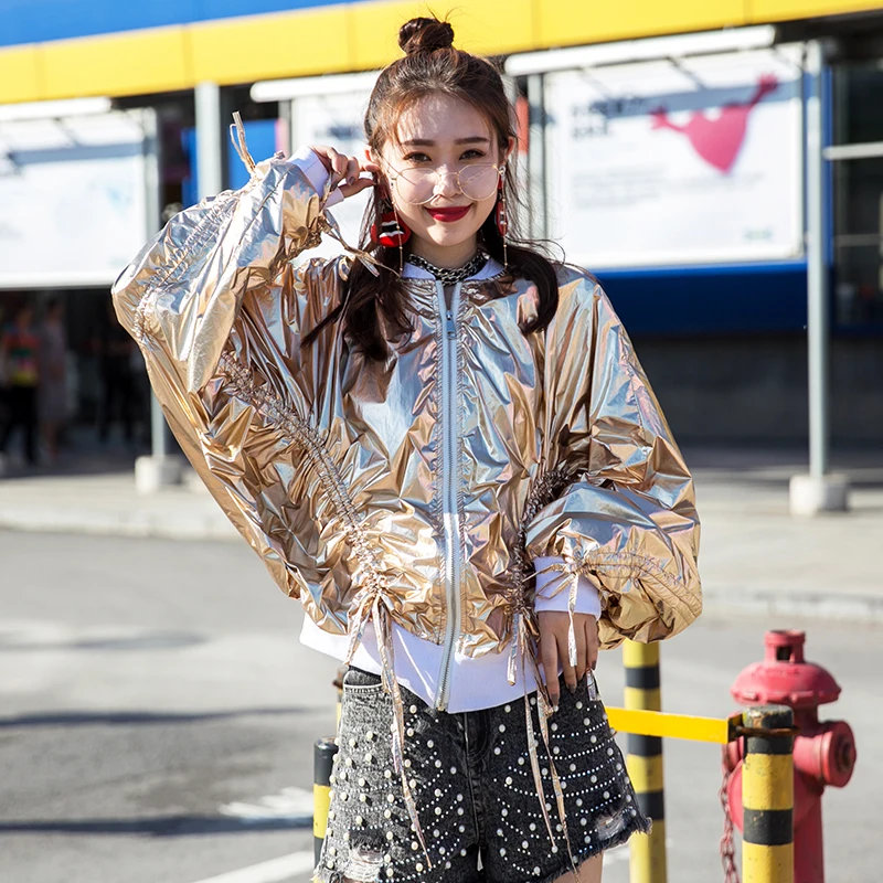 

Silver Metallic Bat Sleeve Tassel Hip Hop Dance Stage Chic Fall Autumn Jacket Yuppie