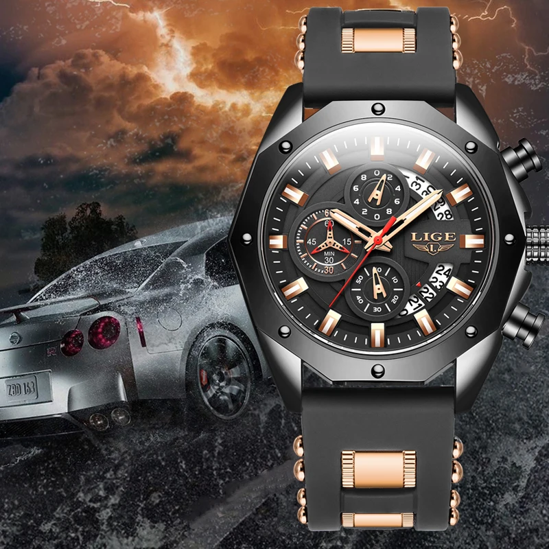 Часы наручные LIGE Мужские кварцевые люксовые брендовые уникальные спортивные