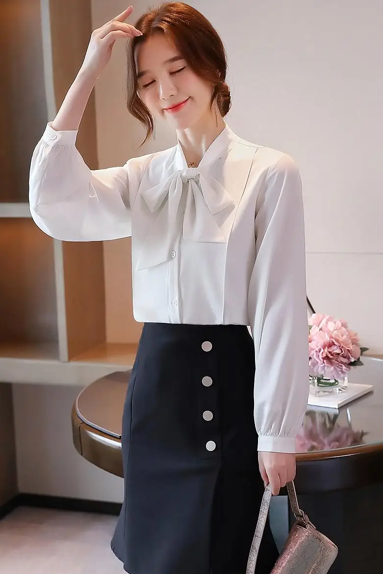

New Long Sleeve Women's Blouse Solid Color Bow V-neck Chiffon Comfortable Casual Blouses Fashion Top Korean Summer Shirt