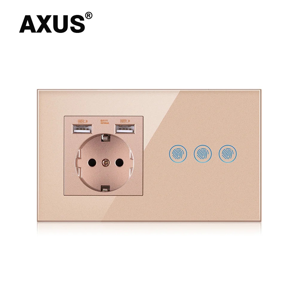 AXUS Light Touch Switch With EU Power Wall USB Sockets Black Led Switches 1/2/3Gang 1Way Crystal Panel Dark Blue Backlight |