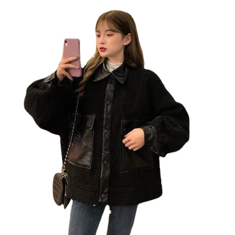 Anbenser Women's Leather Jacket Corduroy Stitching Autumn and Winter new Korean style loose short Motorcycle LeatherJacket Trend