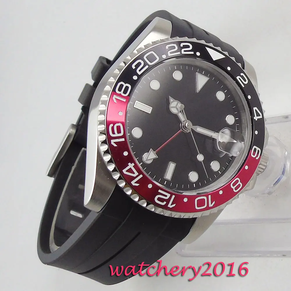 Мужские часы PARNIS 40 мм с черным стерильным циферблатом и сапфировым