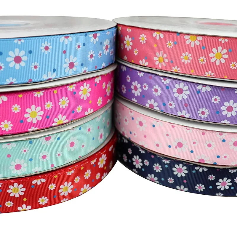 

5 Yards 25mm Daisy Flowers Printed Grosgrain Ribbon For Gift Wrapping Christmas Wedding Party Decoration DIY Hair Bows