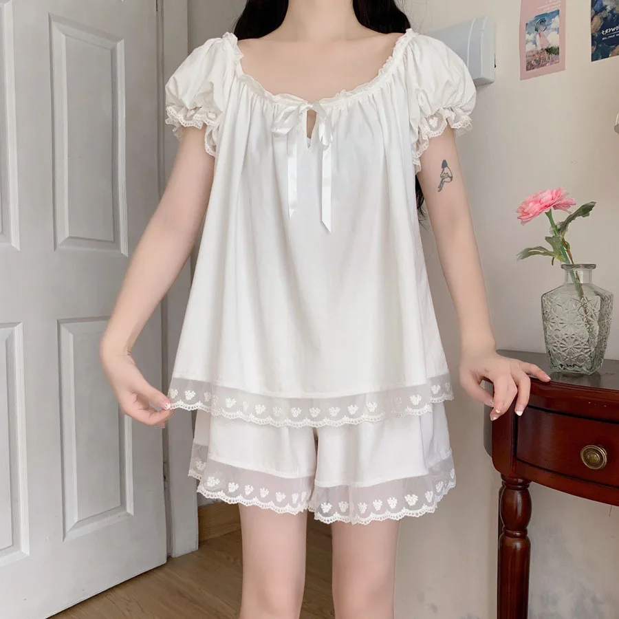 2021 Summer New Princess Style Women's Pajamas Suit Thin Lovely Japanese Lace Nightgown Homewear Female Sleepwear Lady Nightwear