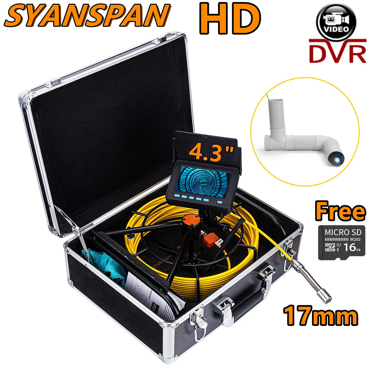 

8500mAh Battery Capacity HD DVR Pipeline Camera 16GB Card SYANSPAN IP68 Industrial Drain Sewer Pipe Inspection Camera Endoscope
