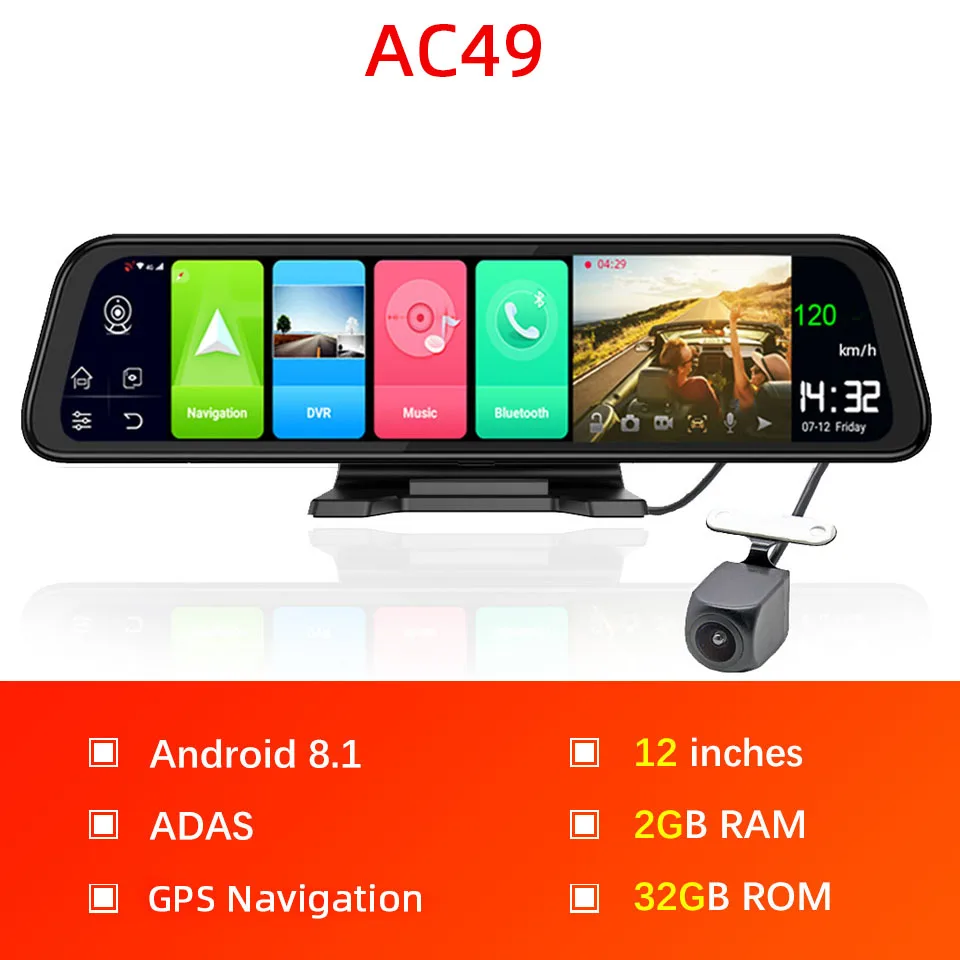 AC49 Автомобильный видеорегистратор Bluavido 1" ips, gps, 2G ram, 4G LTE, Android 8,1, камера, видео регистратор, навигация, HD 1080 P, зеркало заднего вида, видеорегистратор - Название цвета: AC49