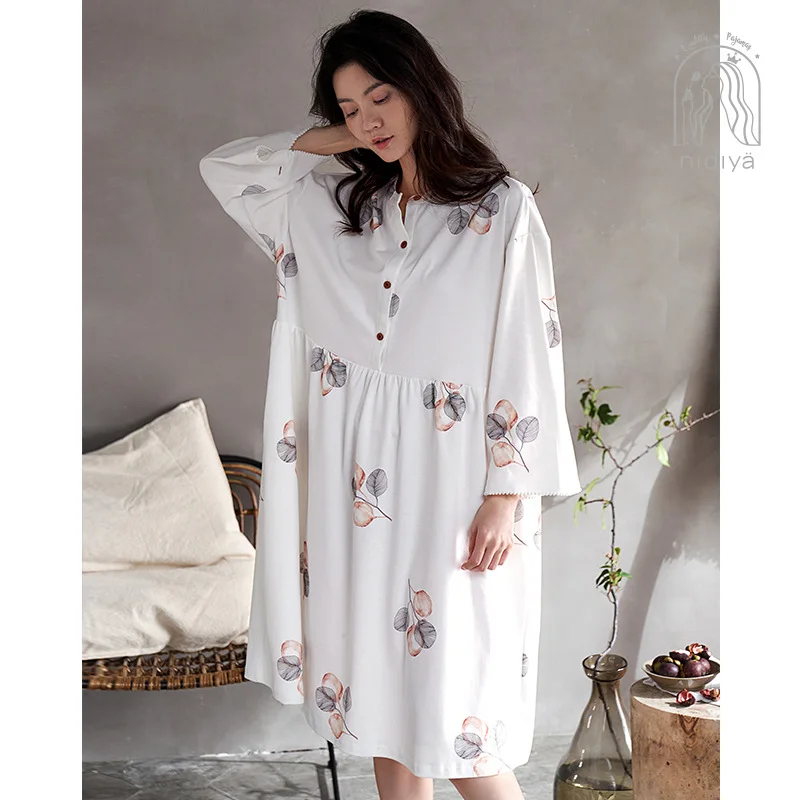 2021 Spring Summer New Nightdress Women's Cotton Long Sleeve Sleeve Sleeve Simple Loose Large Size Household Clothes Night Wear