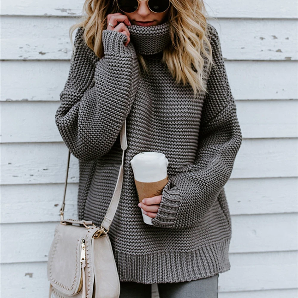 Зимние Модные свитера с высоким воротом, женские повседневные однотонные толстые пуловеры с длинным рукавом, женские свитера размера плюс, вязаные топы - Цвет: Серый