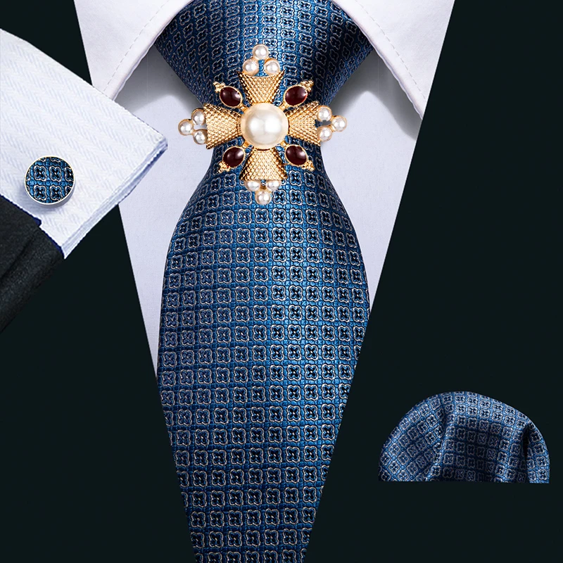 2020 patrón geométrico clásico de la Marina de Guerra 100% corbata de seda para hombre Barry.Wang 8,5 cm juego de broche de corbata de negocios de regalo para hombres N-5052