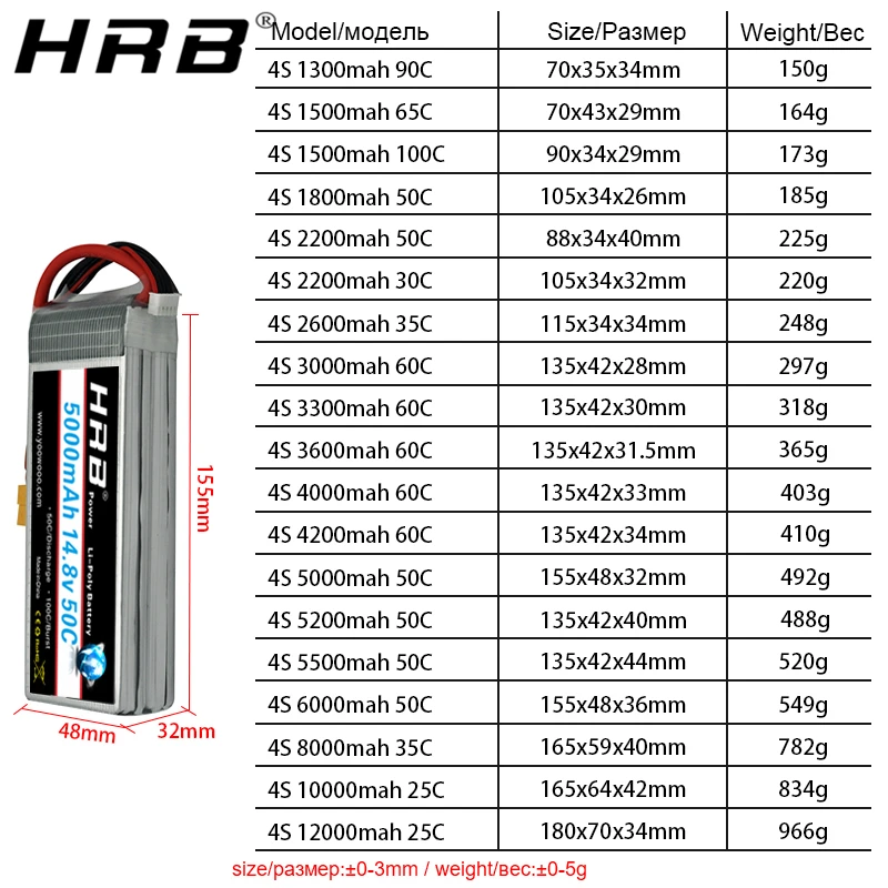аккумулятор hrb 4s 148 в lipo xt60 1800 2200 мач 2600 мач 3
