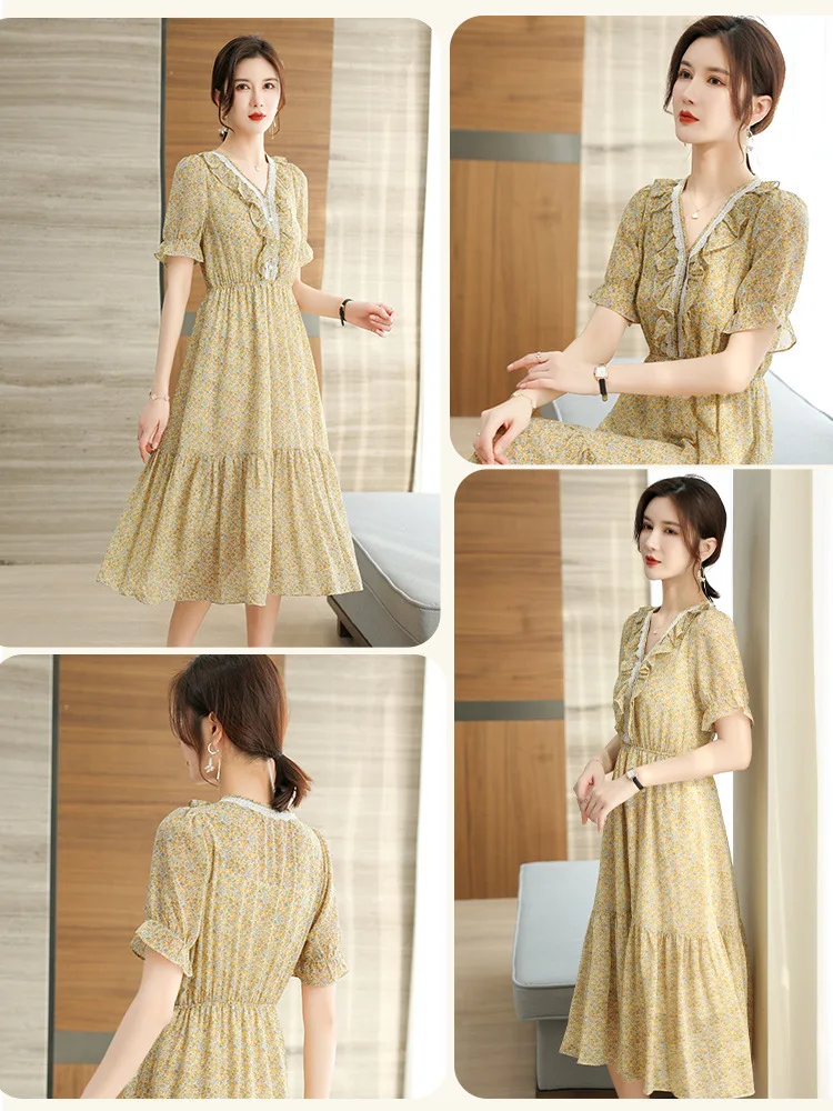 

French Chiffon Floral Dress Summer 2021 New Summer Wear Fresh V-neck Floral Skirt Women's off shoulder ruffle dress