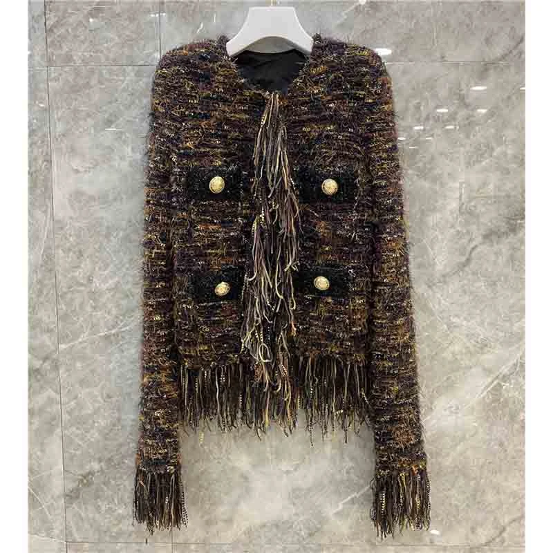 

Cardigan Tweed Knitted Women Coat Tassel Gold-Button Sweater Coat Golden Thread Tassel Loose Hot New Arrival Stylish