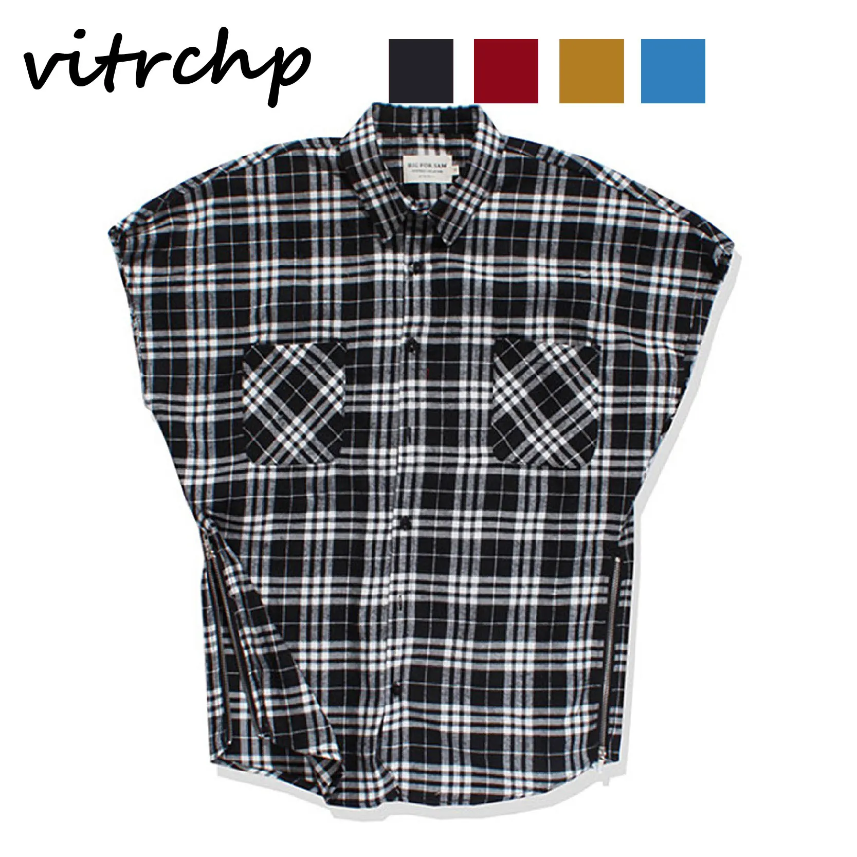 

VITRCHP 2021 Men's Sleeveless Check Shirt New Arrival Casual Brand Hot Sale Harajuku Style Hip Hop Retro Cotton Zip Top