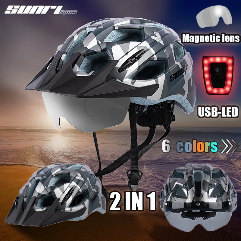 

Солнцезащитные очки SUNRIMOON, шлем с съемными полями, 2 в 1, для соревнований, дорожный, для горных велосипедов, с задним фонарем