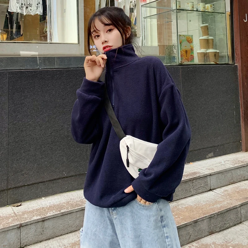 

New Winter Fleece Sweatshirt Women Thick Warm Long Sleeve Stand Collar Pullover Half Zipper Design Solid Color Female Sweatshirt